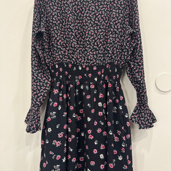 VTG 80s Lanz Originals Ditsy Floral Shirred Midi Dress Black Pink Chintz Cottage - Picture 9 of 13